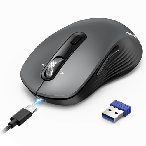 TECKNET Souris sans Fil Rechargeable Bluetooth 3 Modes (BT5.0+BT3.0+2.4G) | 4 Directions Souris Ergonomique sans Fil, 4800 DPI Silencieuse Souris pour Ordinateurs, Mac, PC, Windows, Gris