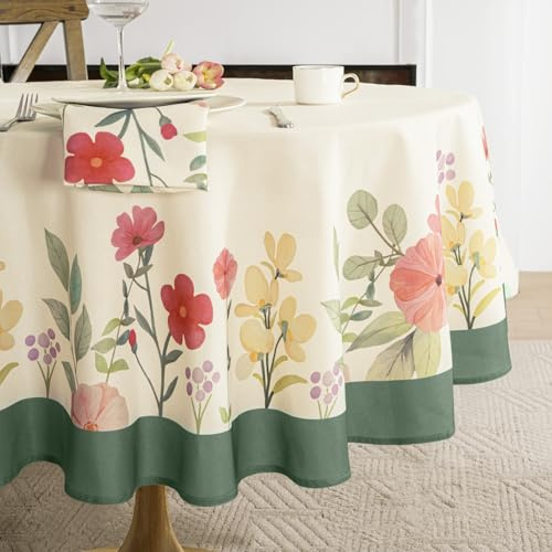 FIBORIA Grande tovaglia rotonda, 180 cm, effetto lino, primaverile, con fiori, lavabile e impermeabile, lavabile, per esterni, per Pasqua, giardino, campeggio, festività
