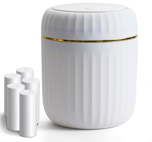 Mini Desk Bin with Press-Top Lid - Small Trash Can for Home Office Car Bathroom Living Room, White, 100 Garbage Bags Included