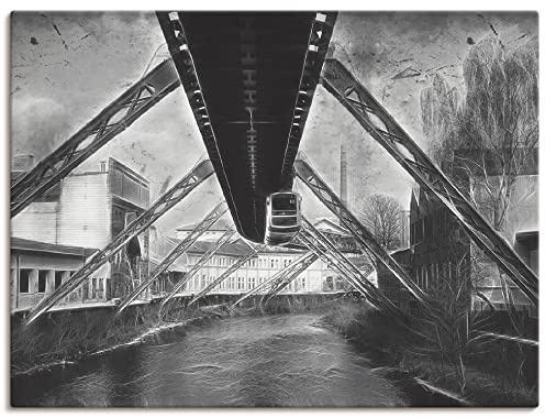ARTLAND Wanddeko Leinwand Bilder Wandbild 80 x 60 cm Architektur Wuppertal Skyline Straßenbahn Fluss Abstrakte Collage Ruhrpott Q4GX