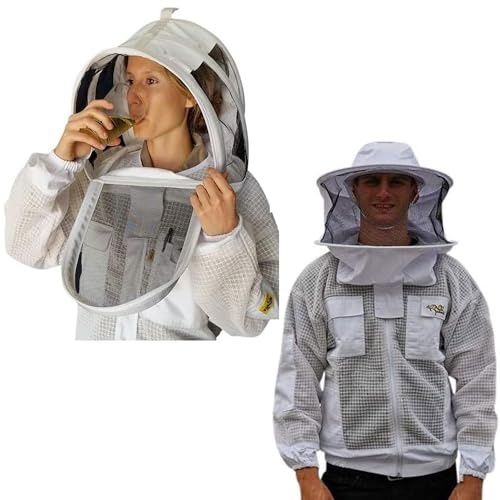 OZ ARMOUR Beekeeping Ventilated Jacket 3 Layers Mesh for Beekeepers, Bee Suit Jacket with 2 Hoods Fencing & Round Brim Hat (Large)