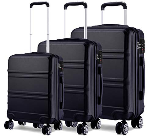 Kono Maletas de Viaje 3 Piezas Rígidas Maleta Cabina 55cm + Maleta Mediana 65cm + Maleta Grande 74cm, Juego de Maletas de Viaje ABS con 4 Ruedas y TSA Cerradura de Combinación (Negro)