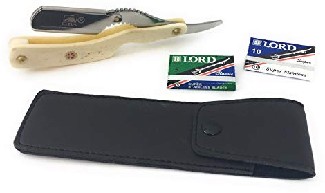 G.B.S Classic Straight Edge Long Scales Folding Razor, Barber Shavette Leather Case 10 Blades, Ivory Horn