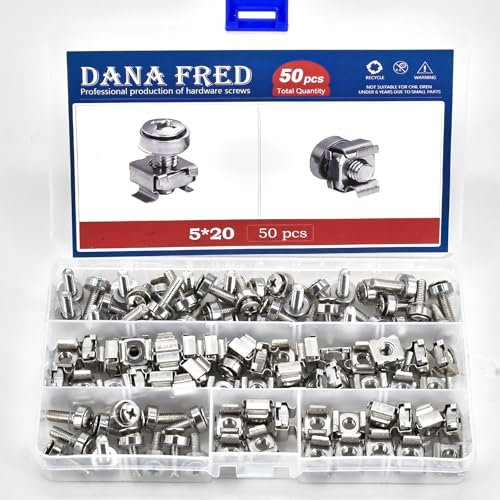 M5X20 Rack Screws Cage Nuts Kit,50 Sets M5 Cage Nut Mounting Screw Bolts Washers Metric Square Hole Hardware for Rack Mount Server Shelves Cabinets Assortment Kit 304 Stainless Steel