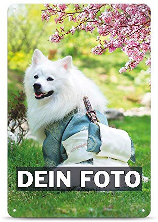 Blech-Schild mit Foto und Text selbst gestalten/Personalisierbar mit eigenem Bild als Metall-Poster / A4 (21x30cm) im Hochformat/Weiss