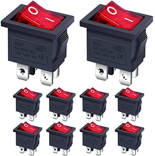 Taiss 10 pezzi interruttore a bilanciere 2 Posizioni DPST ON OFF 4 Pin Mini Interruttore a Levetta con Rossa Luce a LED 6A 250V 10A 125V AC per Elettrodomestici Auto Barca Camion KCD1-4-201N-R