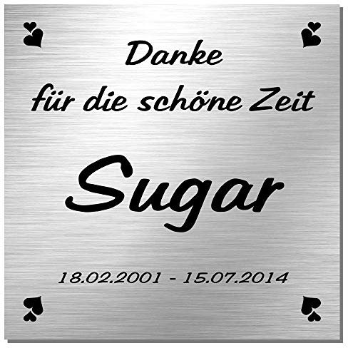 Edelstahl Grabschmuck, Grabschild, Gedenktafel für Hunde, Katzen und andere Tiere mit individueller Laser-Gravur, Größe ca. 100 mm x 100 mm * Modell Sugar