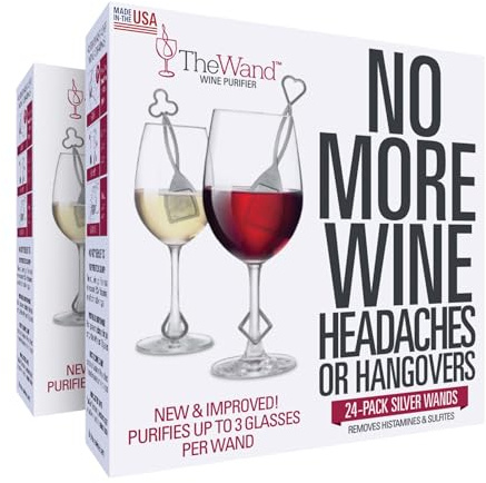 PureWine Weinfilter „The Wand“ mit Weinglas-Anhänger | Entfernt Histamine & Sulfite – weniger Kopfschmerzen | Einweg-Weinreiniger für Rot-, Weiß- & Schaumwein | Silber | 48 Stk.