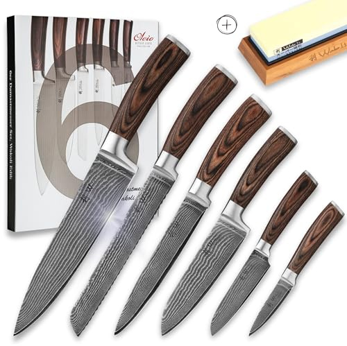 Wakoli EDIB Messerset: 6 Damastmesser mit Schleifstein, 67 Lagen, VG10-Kern | Chef-, Brot-, Fleisch-, 2 Santoku- und Officemesser; 1000/4000er Schleifstein; Pakkaholzgriffe; 60 ± 2 HRC; inklusive Holzbox