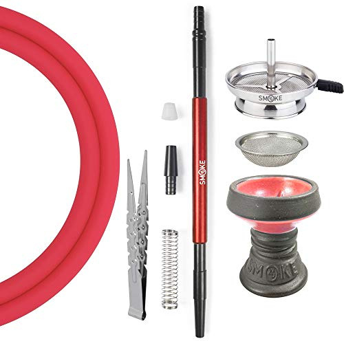Premium Shisha Zubehör Komplett Set - Tragbare To Go Tasche - Kaminaufsatz Sieb Steinkopf Mundstück Schlauch Endstück Knickschutz Dichtung Zange - Qualitativ und Hochwertig (Rot)