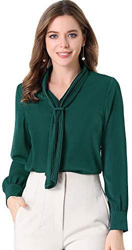 Allegra K Blusa elegante de oficina de trabajo de manga larga plisada con cuello de lazo para mujer