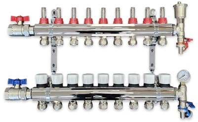Wärmer System 9 Port Underfloor Heating Complete Manifold with Pipe Connections, Ball Valves, Automatic Air Vent and Pressure Gauge End Unit (15mm eurocones)