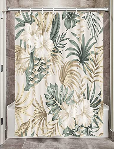 DYNH Tropical Plant Flower RV Camper Shower Curtain for Bathroom, Vintage Sage Green Palm Leaves Beige Fabric Shower Curtains Set, Cute Floral Greenery Botanical Camping Decor with Hooks (47X64)