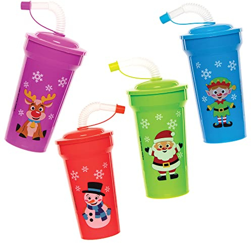 Baker Ross FC253 Weihnachtsbecher mit Strohhalm - 4er Pack, zum Ausmalen und Gestalten für Kinder, Kindergeburtstags Aktivitäten
