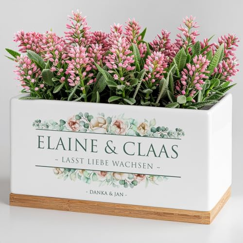 Maverton Keramik Blumentopf mit Untersetzer - Pflanzkübel mit Aufdruck - Übertopf rechteckig - Dekotopf für Paare - zur Hochzeit - zum Hochzeitstag - personalisiert - Weiß - Ranunkeln