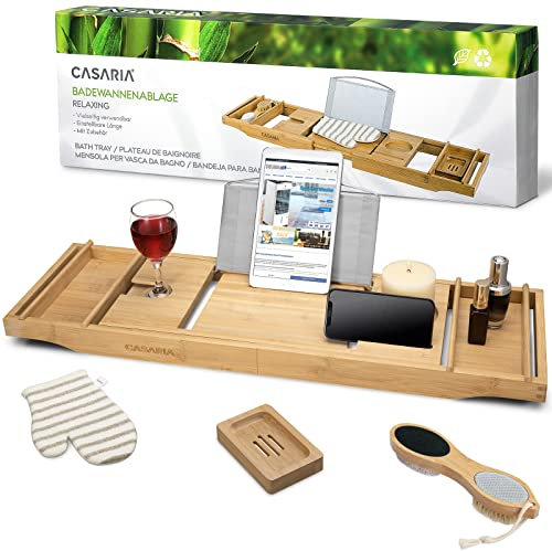 CASARIA® Badewannenablage Bambus 75-109 cm Ausziehbar mit Fußpflegetool Waschhandschuh Seifenschale rutschfest Bad Badewannentablett Badewannenbrücke