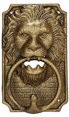 Relaxdays Türklopfer Löwe, aus Gusseisen, Löwenkopf Klopfer für Türen, HxBxT: 19,5 x 12 x 6 cm, Vintage Design, Gold