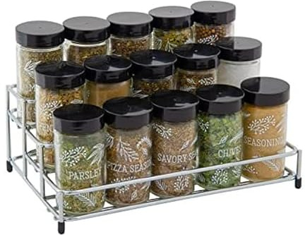 Kamenstein 15 Jar Lincoln Countertop Spice Rack with Spices Included, FREE Spice Refills for 5 Years, Chrome with Black Caps , 9.5 x 5.8 x 9