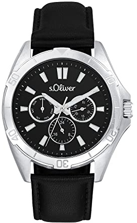 s.Oliver Armbanduhr Herren Multifunktion Analog, mit Leder Armband, Silber, 5 bar Wasserdicht, Multifunktion, Kommt in Uhren Geschenk Box, 2034599