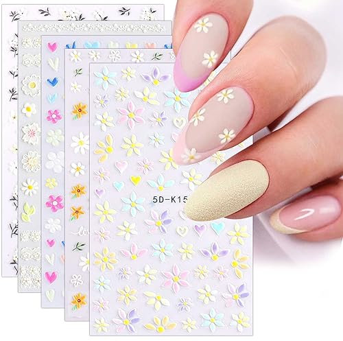 JMEOWIO 3D Nagelsticker Frühling Blumen 5 Blatt Nagelaufkleber 5D Stereoskopisch Selbstklebend Bunte Blüte Nail Art Sticker Dekoration Nageldesign Zubehör