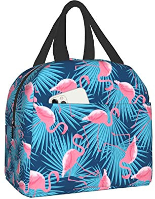YINGD Fiambrera de flamenco rosa y hojas de palma, lonchera aislada Bento Box reutilizable, impermeable, con bolsillo frontal para oficina, picnic, senderismo, playa
