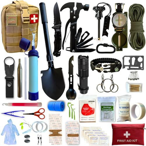 Kit di Primo Soccorso – Kit di Emergenza con 16 Strumenti Multifunzione e Più di 60 Articoli di Primo Soccorso – Estremamente Completo – Pratico - Leggero - Beige