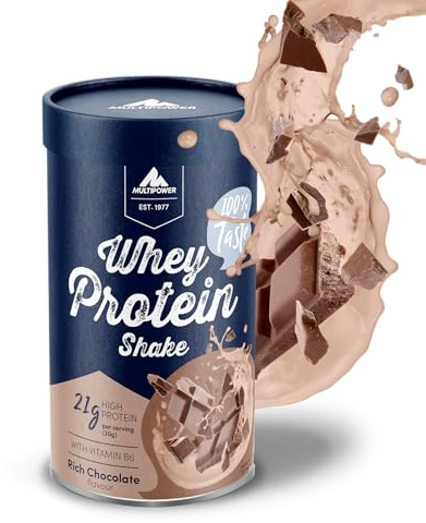 Multipower Whey Protein Shake – wasserlösliches Proteinpulver mit Schokoladen Geschmack aus Wheykonzentrat und -Isolat – 21 g Protein und Vitamin B6 in nachhaltiger Pappwickeldose – 420 g