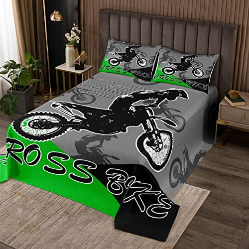 Juego de colcha acolchada para bicicleta de cross, juego de colcha deportiva extrema, juego de edredón para motociclista, colección de ropa de cama verde para niños, niñas, adultos, tamaño King