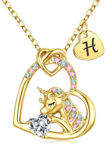 TINGN Einhorn Kette für Mädchen Geschenke - CZ Einhorn Anhänger Kette für Mädchen Herz Einhorn Kette Kinder Einhorn Halskette mit Buchstaben Kinder Schmuck Mädchen Geburtstagsgeschenk für Mädchen