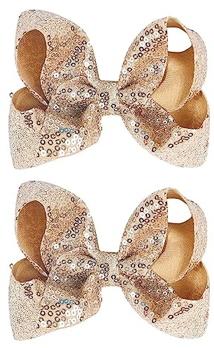 2 PCS Enchanting 5-Inch Fairy Fashion Bow Hairpin: Multicolor Option Sequins Hair Clip for Kids and Teenage Girls (Gold)
