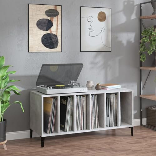 ADWOA Mobile Porta Dischi Grigio Cemento 100x38x48 Legno Multistrato,Supporto per Giradischi,Supporto per Giradischi in Legno, Supporto per Giradischi con Spazio di archiviazione