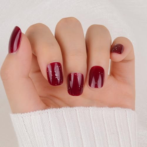 24 Stück Künstliche Nägel zum Aufkleben Kurz Rot mit Kleberpads Press on Nails Falsche Fingernägel Fake Kunstnägel Maniküre DIY Nagelkunst für Frauen Damen Hochzeit Weihnachten Neujahr