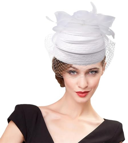 Niiyyjj Fascinator für Damen, Kopfschmuck, Kopfschmuck, Derby-Kappe, mit Federn, Schleier, Cocktail-Party, Rot, weiß, Einheitsgröße