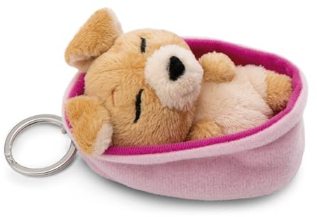 Llavero Mascotas dormilonas Perro marrón Claro 8cm en canasto Rosa Claro - para Colgar en la Llave, Bolso, Mochila, y Mucho más, para niños y Adultos