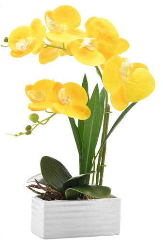 FuleHouzz Artificial Real Touch Orchid Flowers in Pot Fake Phalaenopsis Flower with White Ceramic Vase Faux Orchids Arrangement for Home Table Office Wedding Party Decoration (Yellow)
