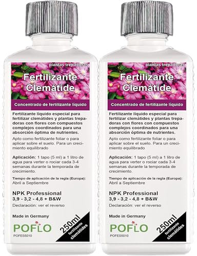 POFLO Fertilizante profesional para clemátides y plantas trepadoras en flor con nutrientes específicamente adaptados a la planta. (500ml)