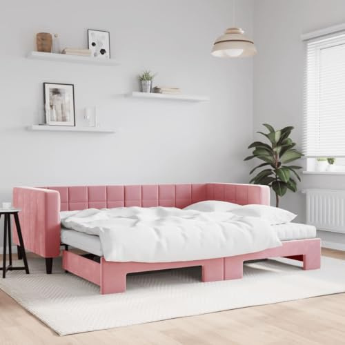 CKioict Palettenbett Modernes Bettgestell Jugendbett Tagesbett Ausziehbar mit Matratzen Rosa 90x200 cm SamtGeeignet für Gästezimmer, B&Bs, Schlafzimmer