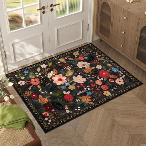 ARRITS Fußmatte Innen Schwarz, Boho Blumen Teppich Kleiner, Weicher rutschfest Kurzflor Teppich Waschbar für Eingangsbereich, Küche, Haustür, Inneneingang, Eingang, Kinderzimmer (50x80 cm)