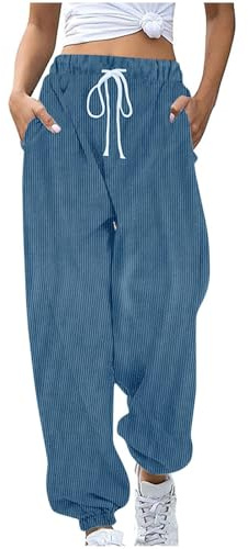 Damen Jogger Hose Einfarbig Jogginghose Bequeme Cordhose Elegant Cord Hosen mit Taschen Sporthose Kordelzug Frauen Sweathose Locker Casual Laufhose Sportlich Fitness Schlupfhose
