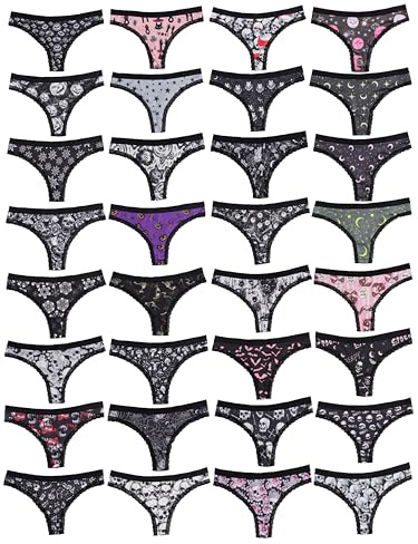 Morvia Variety of Panties Thongs Sexy Cute Chic Gothic Contrast Lace Halloween Skulls Stars Inspired Print Random Underwear, 10 Pcs, M