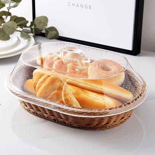 YZNLOQ Corbeille à pain en rotin tissé avec couvercle en acrylique, panier à fruits pour légumes, table de salle à manger avec couvercle, housse anti-poussière pour restaurant, cuisine, fête (marron,