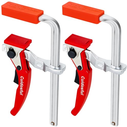 Quick Release Ratchet Clamp Set, 2 Pack Heavy Duty Rail Saw Clamps with Guide Rail Compatibility, Ideal for Woodworking, Table Saw Holding Jig