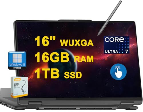 Lenovo Yoga 7 16 2-in-1 AI PC Laptop | 16 WUXGA Glossy Touch | Intel 12-core Ultra 7 155U | 16GB DDR5 1TB SSD |Backlit Fingerprint Thunderbolt FHD IR Privacy Camera w/Pen Win11Pro w/DLCA Accessory