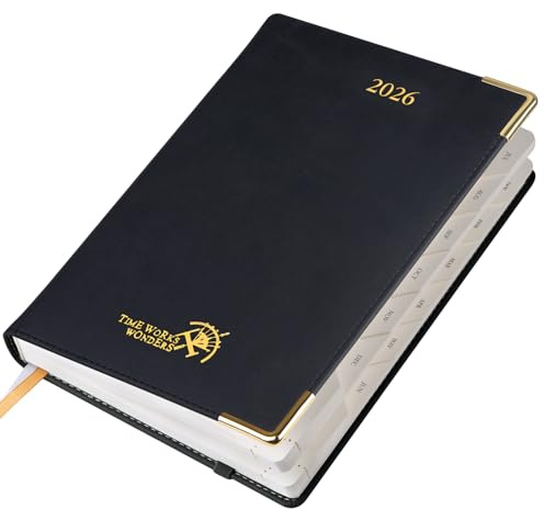 POPRUN Tagesplaner 2026 (A5-Größe 14,6 x 21,6 cm), eine Seite pro Tag mit veganem Leder-Hardcover – Agenda 2026 (Januar - Dez.) Seite pro Tag Kalenderbuch mit monatlichen Registern, Innentasche TJ