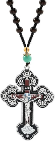 HCAXKFMMXU Halskette mit orthodoxem Kruzifix-Anhänger aus Holz, Rosenkranz, Perlenkette für Männer und Frauen, religiöser Jesus-Kreuz-Gebetsschmuck