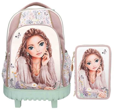 Depesche – TOPModel Summerfeeling – Schulrucksack Trolley und 3-Fach-Federtasche, Model Motiv und Blumen Muster, Schultasche mit verstellbaren Trägern, Federmappe mit Buntstiften, Schere, Lineal UVM.