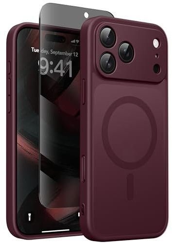 Magnetic Case for iPhone 17 Pro Max with Privacy Screen Protector [Compatible with MagSafe][Camera Protection][Military-Grade][Camera Control Cover]Translucent Matte 17 ProMax Phone Case,Wine Red | [Compatible with MagSafe] [Shockproof and Durable & Magnetic Force] Semi-Transparent Matte iPhone 17 ProMax Mobile Phone Case