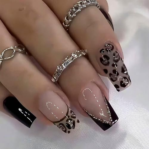TESGADGETS 24 Stück Kunstnägel mit Leopardenmuster French-Tip-Design quadratisch glänzend aus Acryl wiederverwendbar mit vollständiger Abdeckung für die DIY-Maniküre