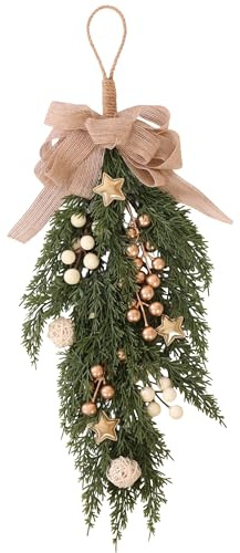 Christmas Swag – Green Fern Foliage with Gold and Cream Berries, Stars and Rustic Gold Bow – Luxury Hanging Teardrop Swag Christmas Decoration for Indoor Outdoor Home Décor 50cm Long