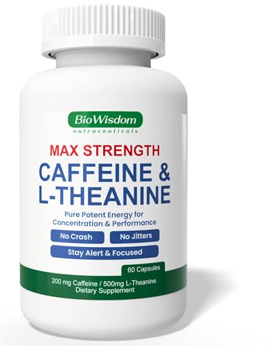 Max Strength Caffeine L Theanine Pills (200mg/500mg) - No Jitters Peak Energy, Focus, Performance, Alertness - Caffeine Pills & L-Theanine Capsules, No Crash & Drowsiness, Potent Supplement, 60 Count